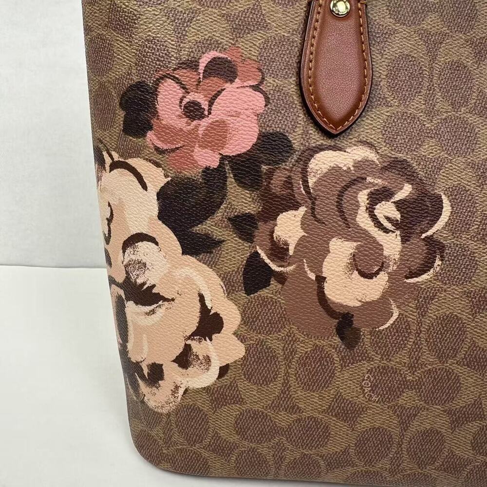Coach Brown Floral Print Signature Canvas Tote with Pink Accents - Picture 10 of 13
